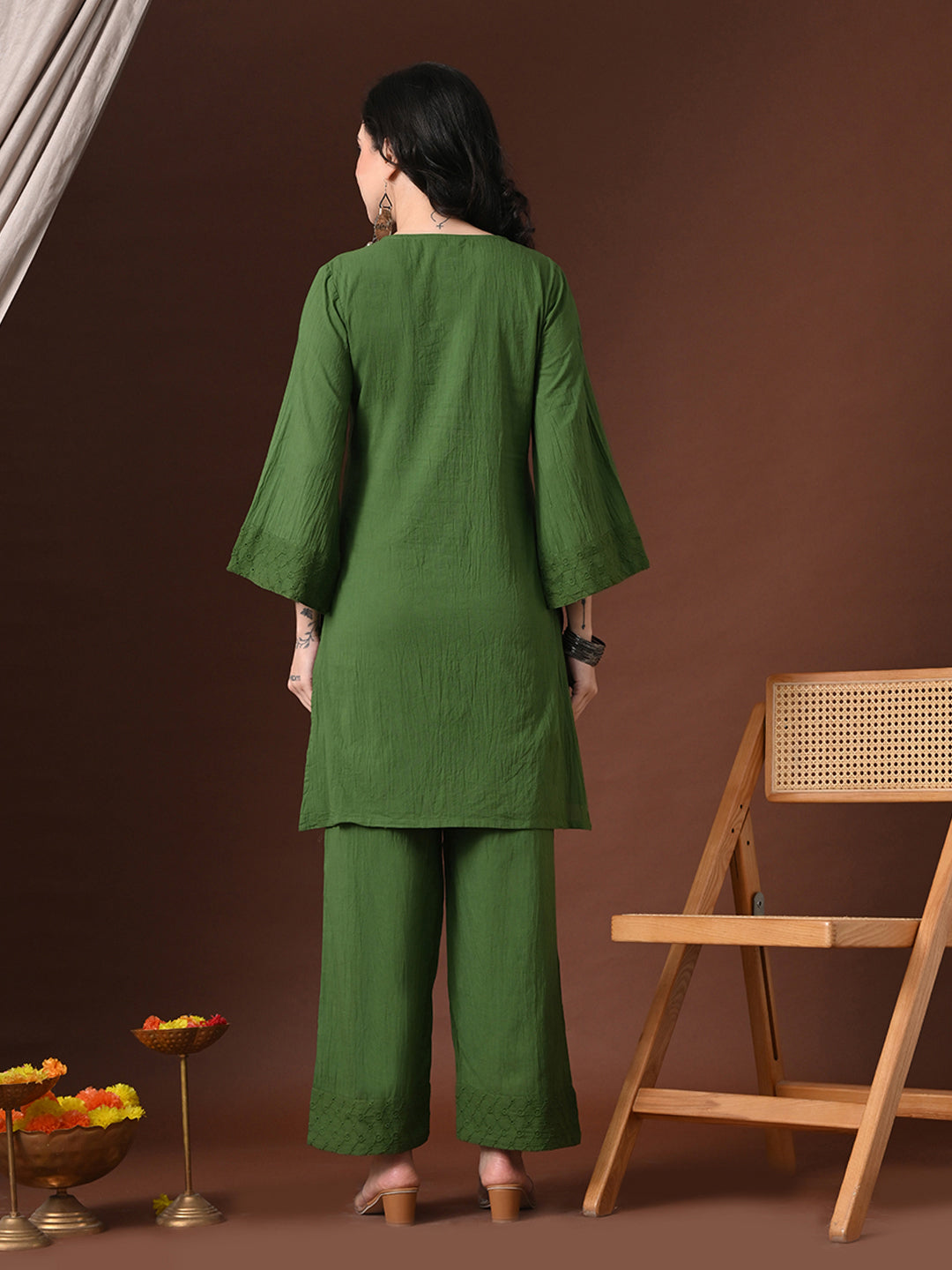 Myshka Women Green Pure Cotton Embroiderd Three-Forth Sleeve Kurta with Trouser | Grocsy