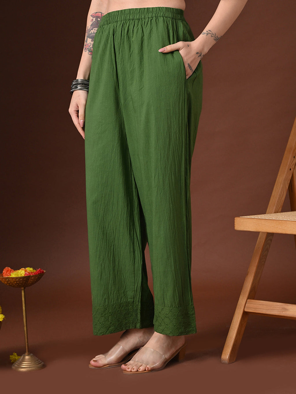 Myshka Women Green Pure Cotton Embroiderd Three-Forth Sleeve Kurta with Trouser | Grocsy