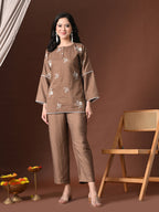 Myshka Women Brown Cotton Embroidered Three Fourth Sleeve Kurta with Trouser | Grocsy