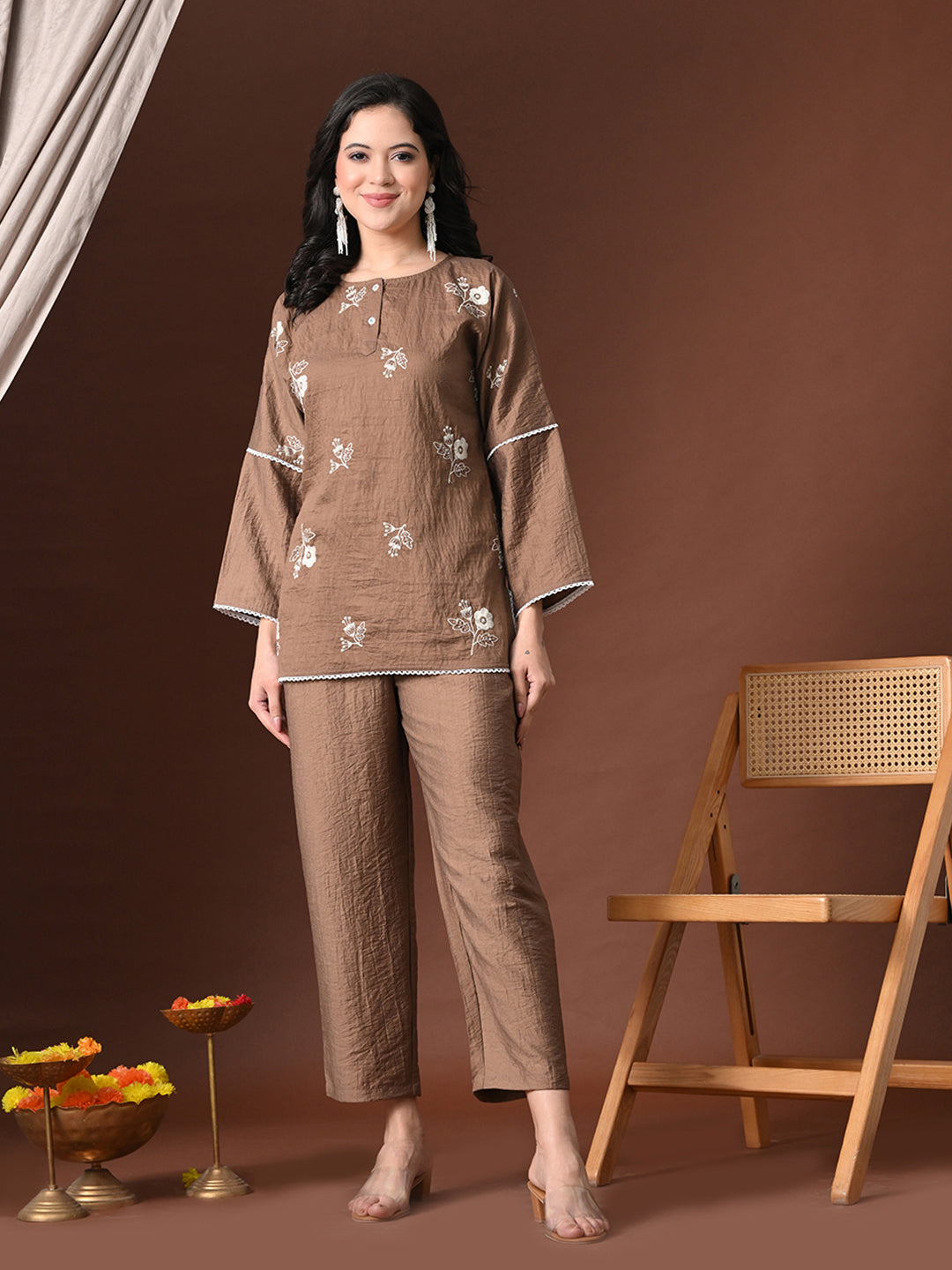 Myshka Women Brown Cotton Embroidered Three Fourth Sleeve Kurta with Trouser | Grocsy