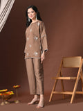 Myshka Women Brown Cotton Embroidered Three Fourth Sleeve Kurta with Trouser | Grocsy