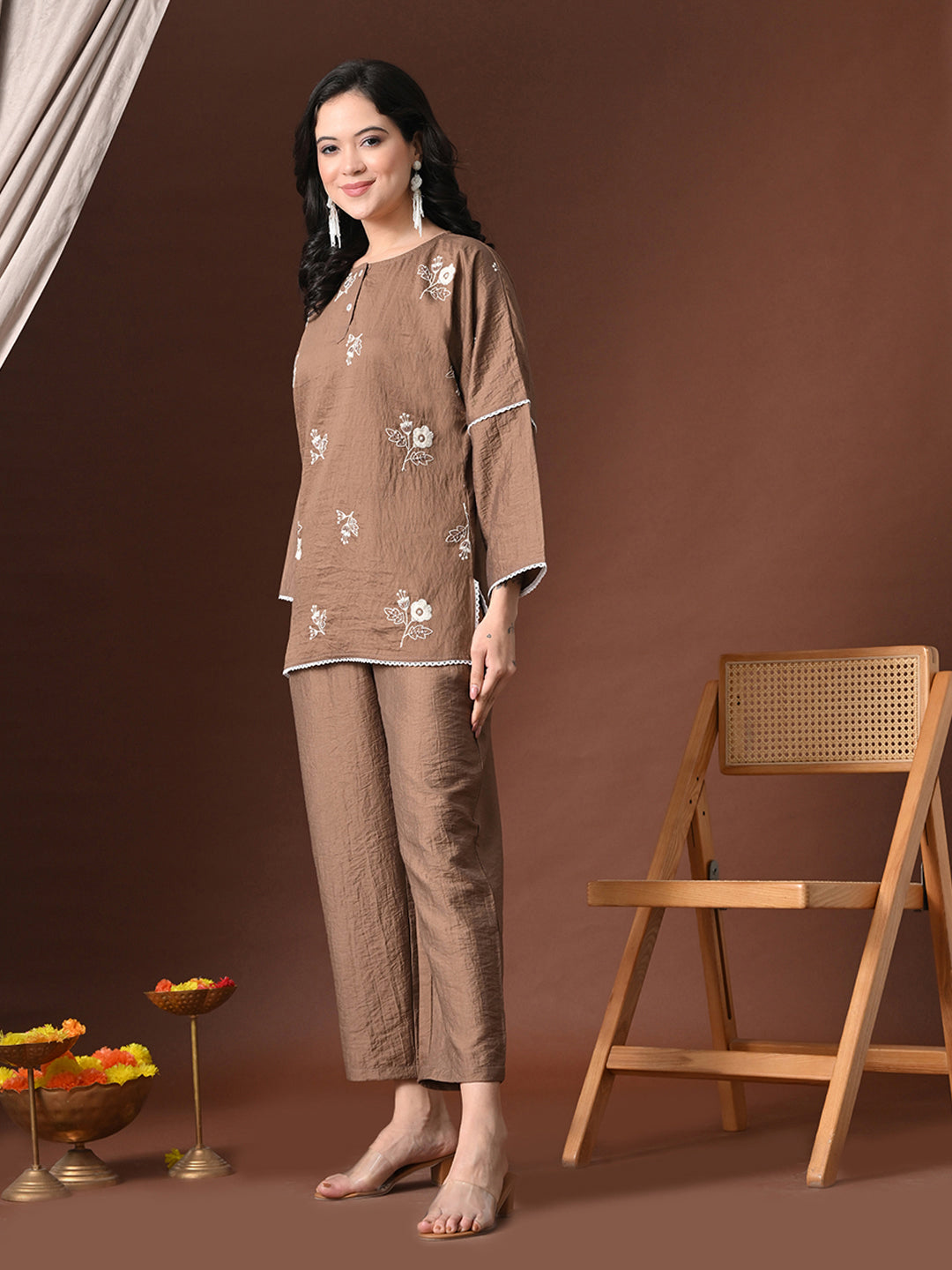 Myshka Women Brown Cotton Embroidered Three Fourth Sleeve Kurta with Trouser | Grocsy