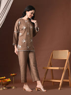 Myshka Women Brown Cotton Embroidered Three Fourth Sleeve Kurta with Trouser | Grocsy