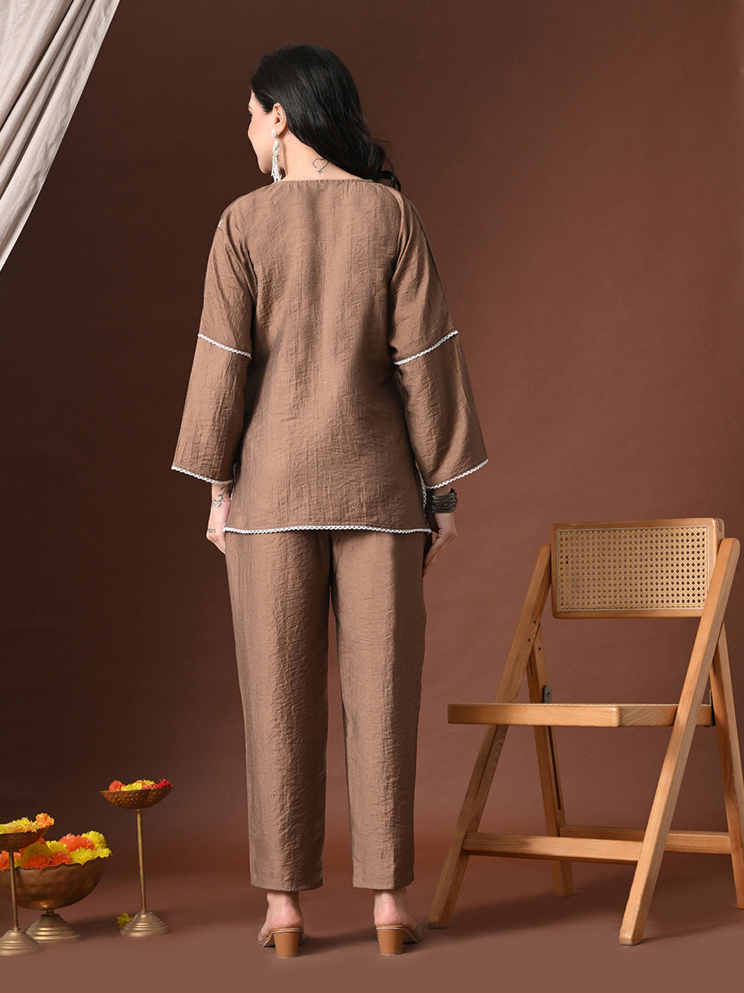 Myshka Women Brown Cotton Embroidered Three Fourth Sleeve Kurta with Trouser | Grocsy