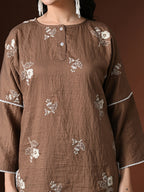 Myshka Women Brown Cotton Embroidered Three Fourth Sleeve Kurta with Trouser | Grocsy