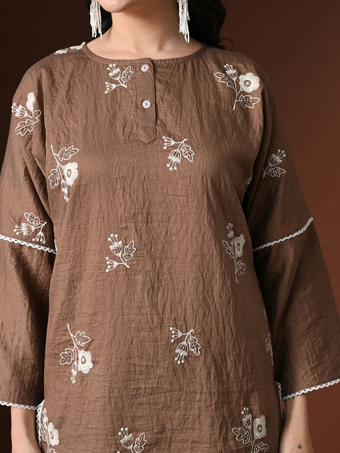 Myshka Women Brown Cotton Embroidered Three Fourth Sleeve Kurta with Trouser | Grocsy