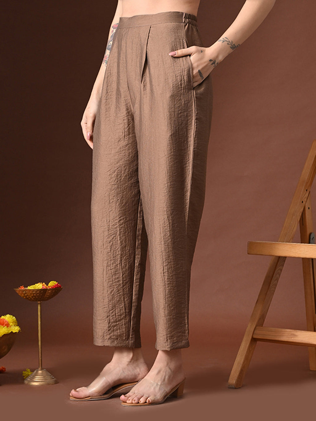 Myshka Women Brown Cotton Embroidered Three Fourth Sleeve Kurta with Trouser | Grocsy