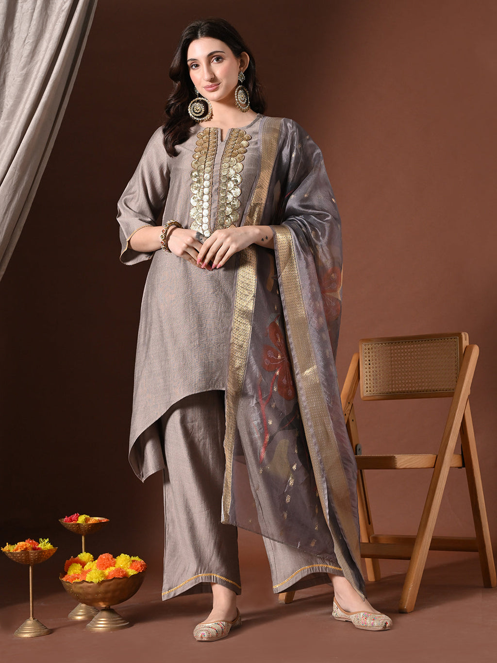 Myshka Women Grey Floral Yoke Design Sequinned A-Line Kurta Set with Dupatta | Grocsy