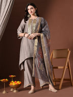 Myshka Women Grey Floral Yoke Design Sequinned A-Line Kurta Set with Dupatta | Grocsy