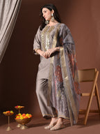 Myshka Women Grey Floral Yoke Design Sequinned A-Line Kurta Set with Dupatta | Grocsy