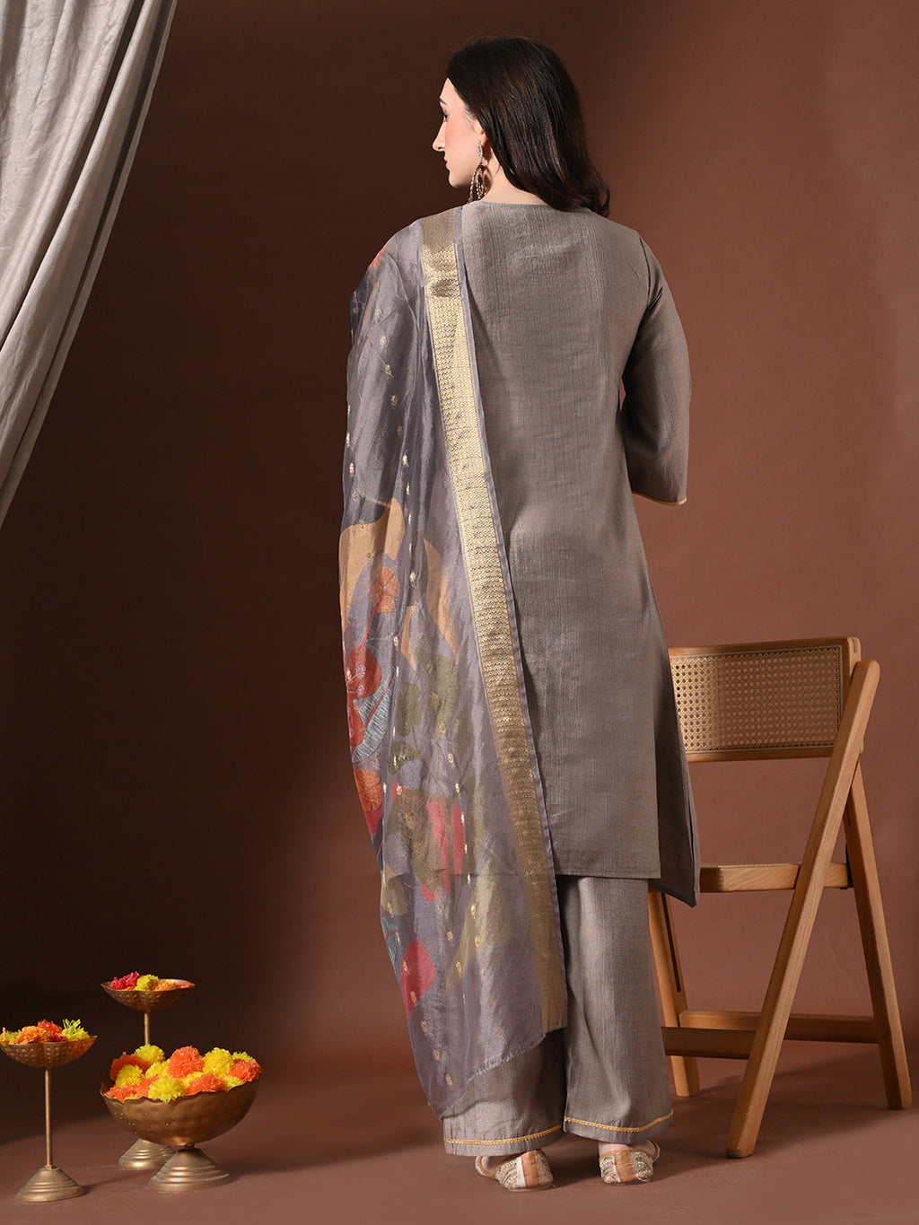 Myshka Women Grey Floral Yoke Design Sequinned A-Line Kurta Set with Dupatta | Grocsy
