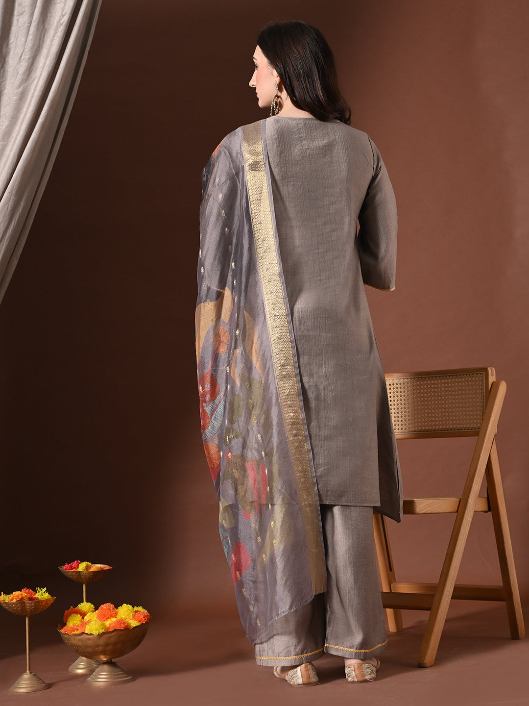 Myshka Women Grey Floral Yoke Design Sequinned A-Line Kurta Set with Dupatta | Grocsy