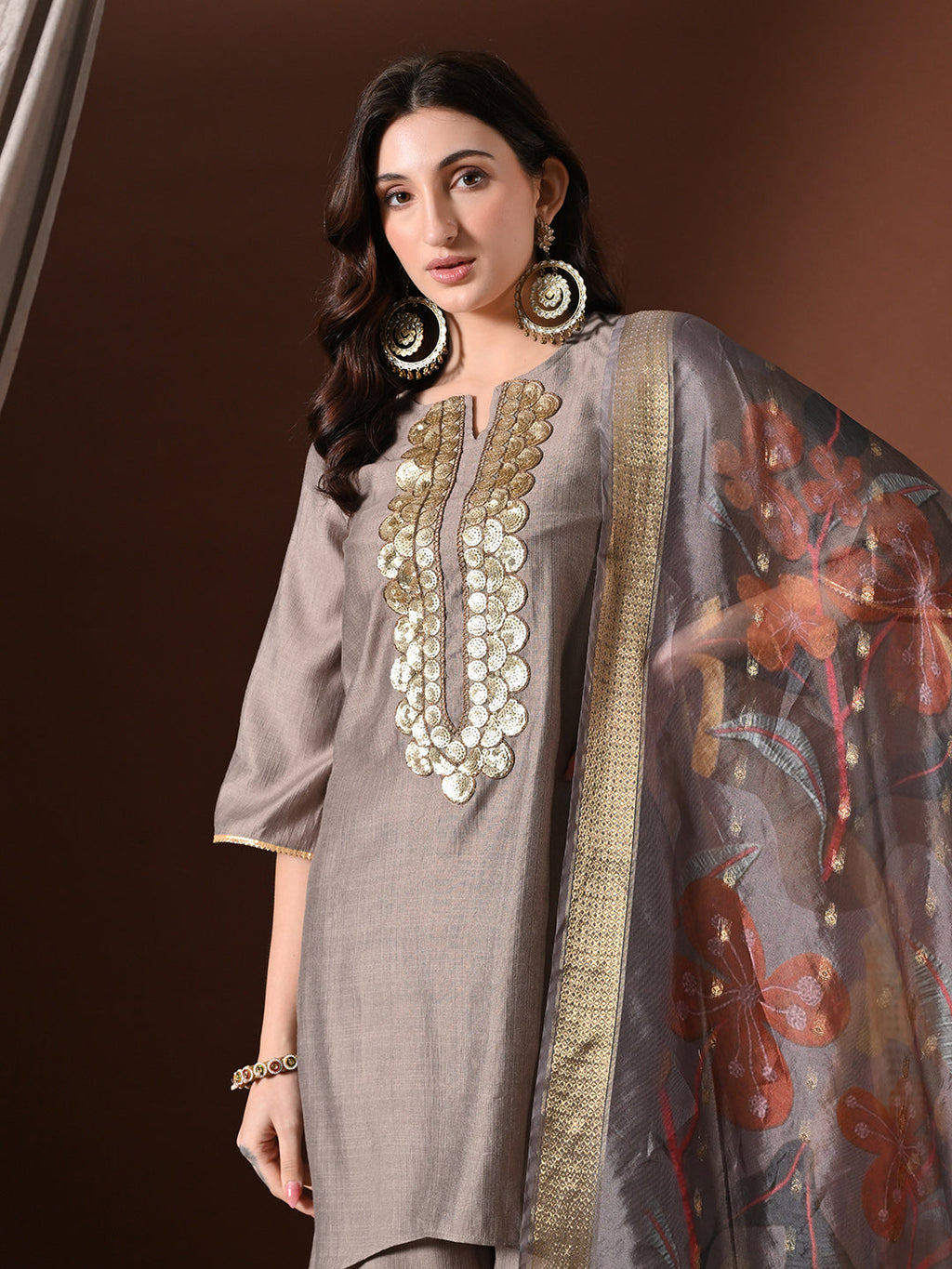 Myshka Women Grey Floral Yoke Design Sequinned A-Line Kurta Set with Dupatta | Grocsy