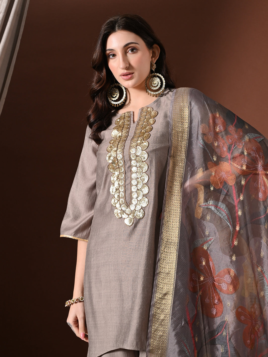 Myshka Women Grey Floral Yoke Design Sequinned A-Line Kurta Set with Dupatta | Grocsy