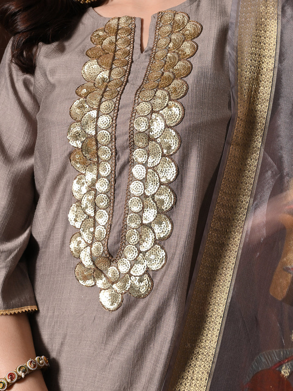 Myshka Women Grey Floral Yoke Design Sequinned A-Line Kurta Set with Dupatta | Grocsy