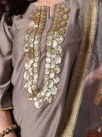 Myshka Women Grey Floral Yoke Design Sequinned A-Line Kurta Set with Dupatta | Grocsy