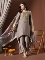 Myshka Women Grey Floral Yoke Design Sequinned A-Line Kurta Set with Dupatta | Grocsy