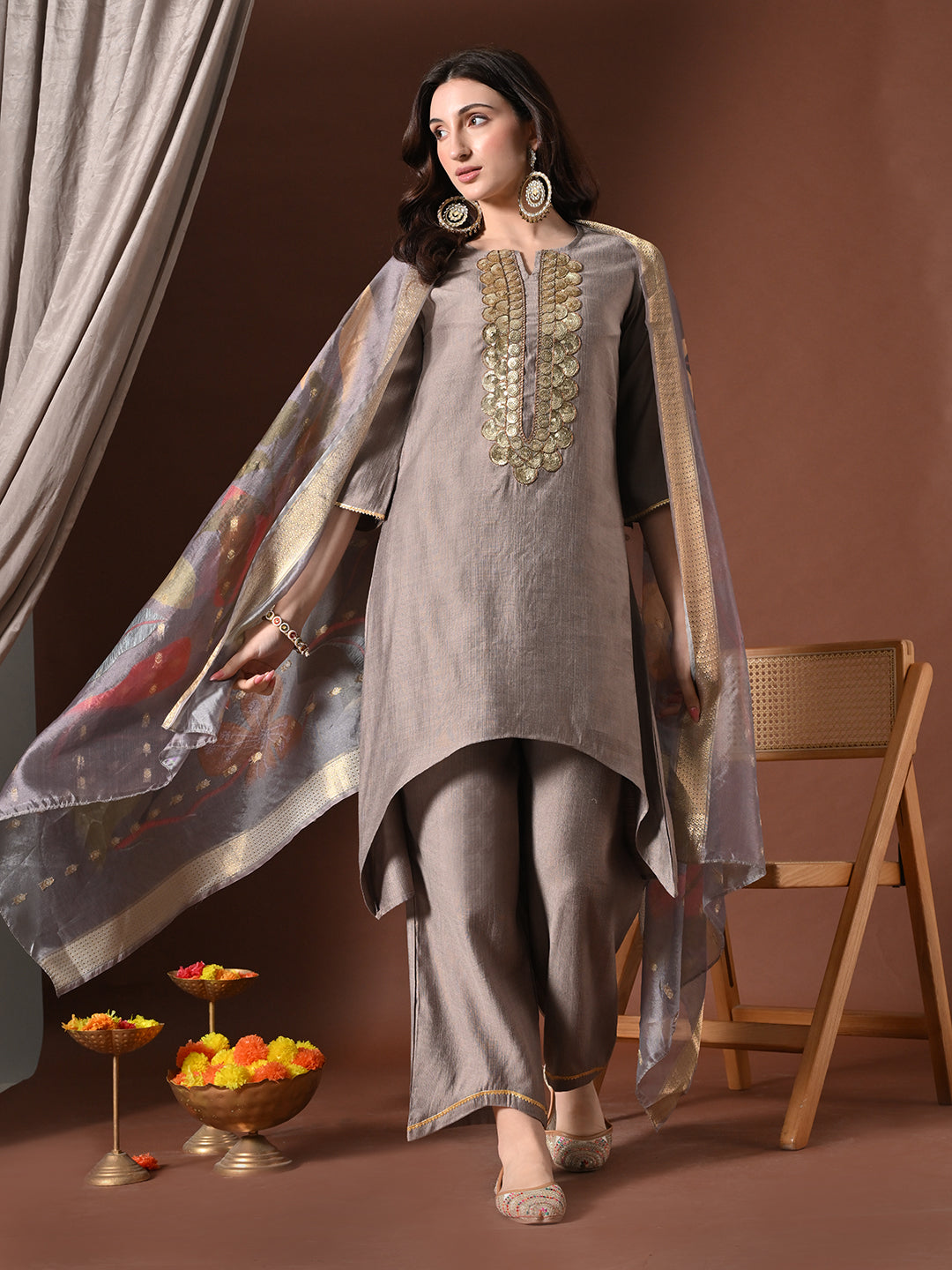 Myshka Women Grey Floral Yoke Design Sequinned A-Line Kurta Set with Dupatta | Grocsy