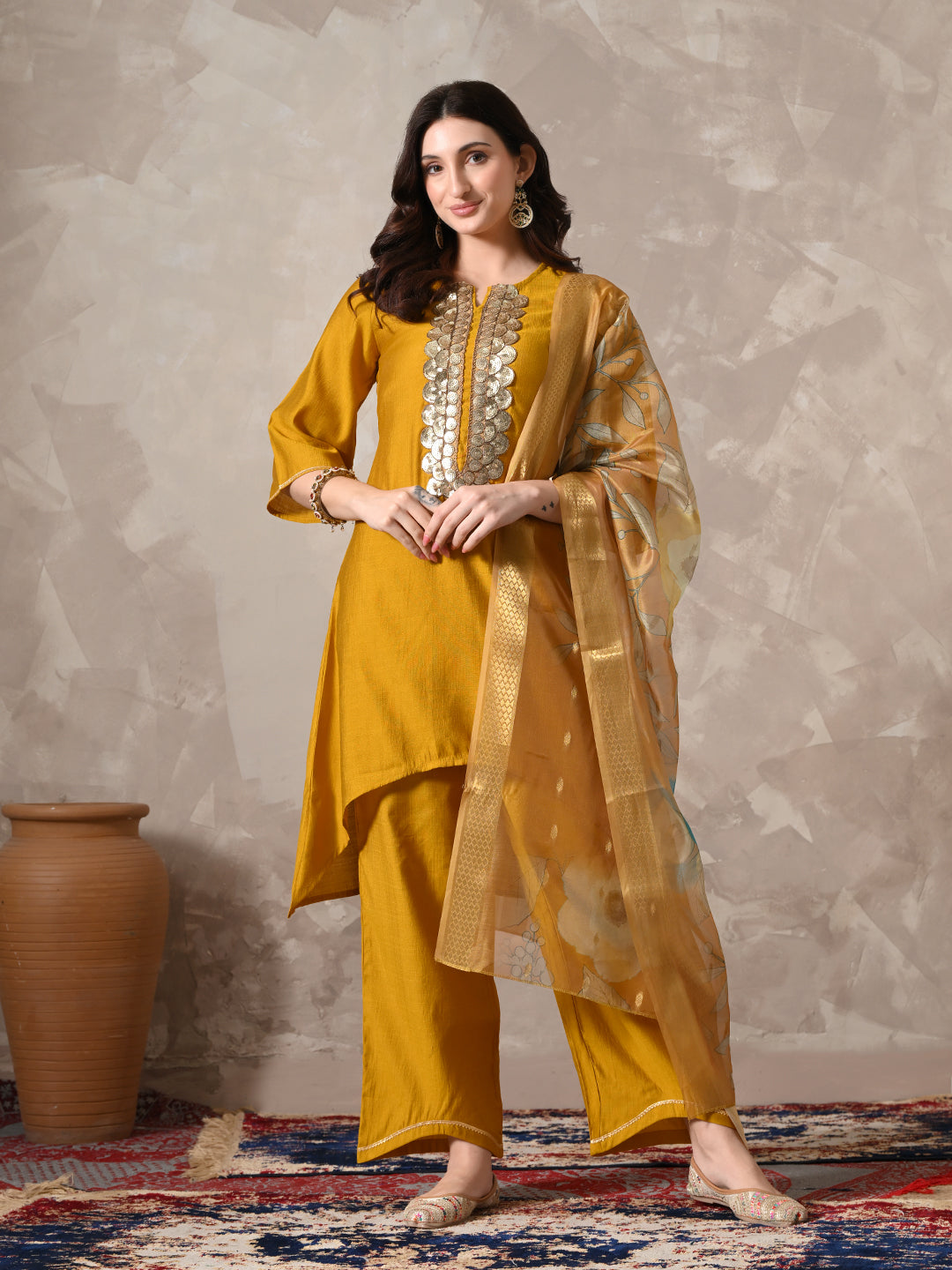 Myshka Women Mustard Floral Yoke Design Sequinned A-Line Kurta Set with Dupatta | Grocsy