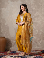 Myshka Women Mustard Floral Yoke Design Sequinned A-Line Kurta Set with Dupatta | Grocsy