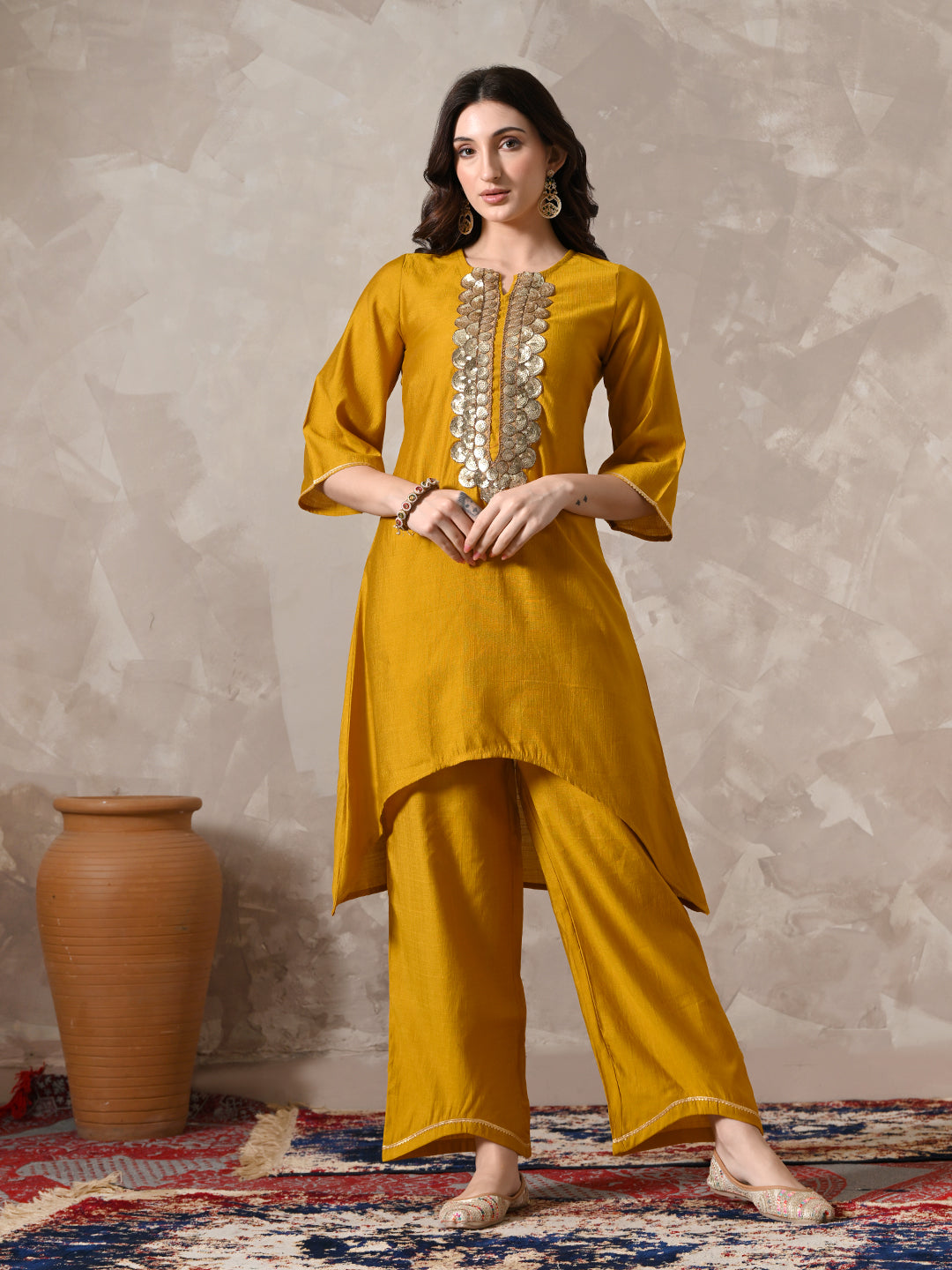 Myshka Women Mustard Floral Yoke Design Sequinned A-Line Kurta Set with Dupatta | Grocsy