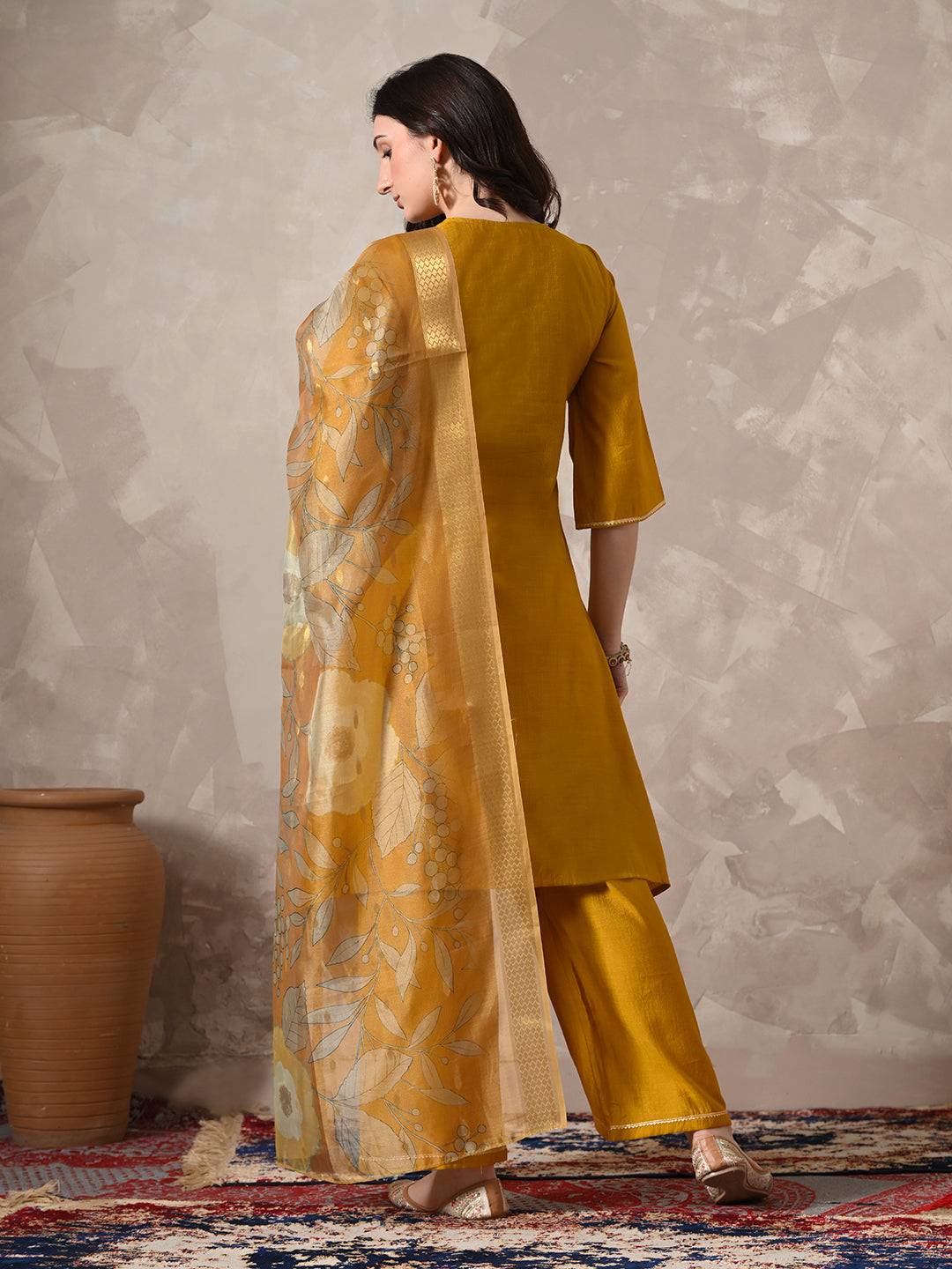 Myshka Women Mustard Floral Yoke Design Sequinned A-Line Kurta Set with Dupatta | Grocsy
