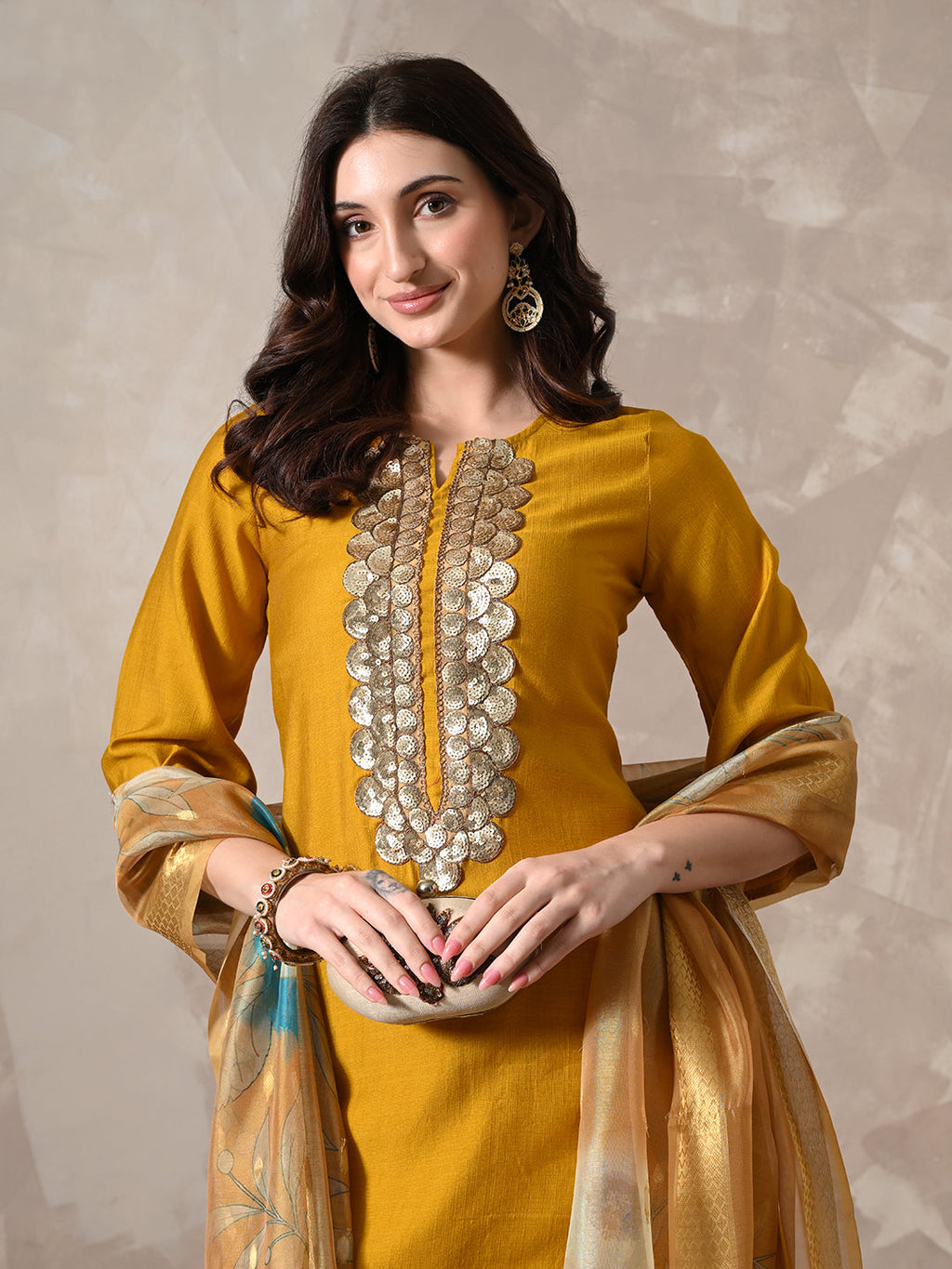 Myshka Women Mustard Floral Yoke Design Sequinned A-Line Kurta Set with Dupatta | Grocsy