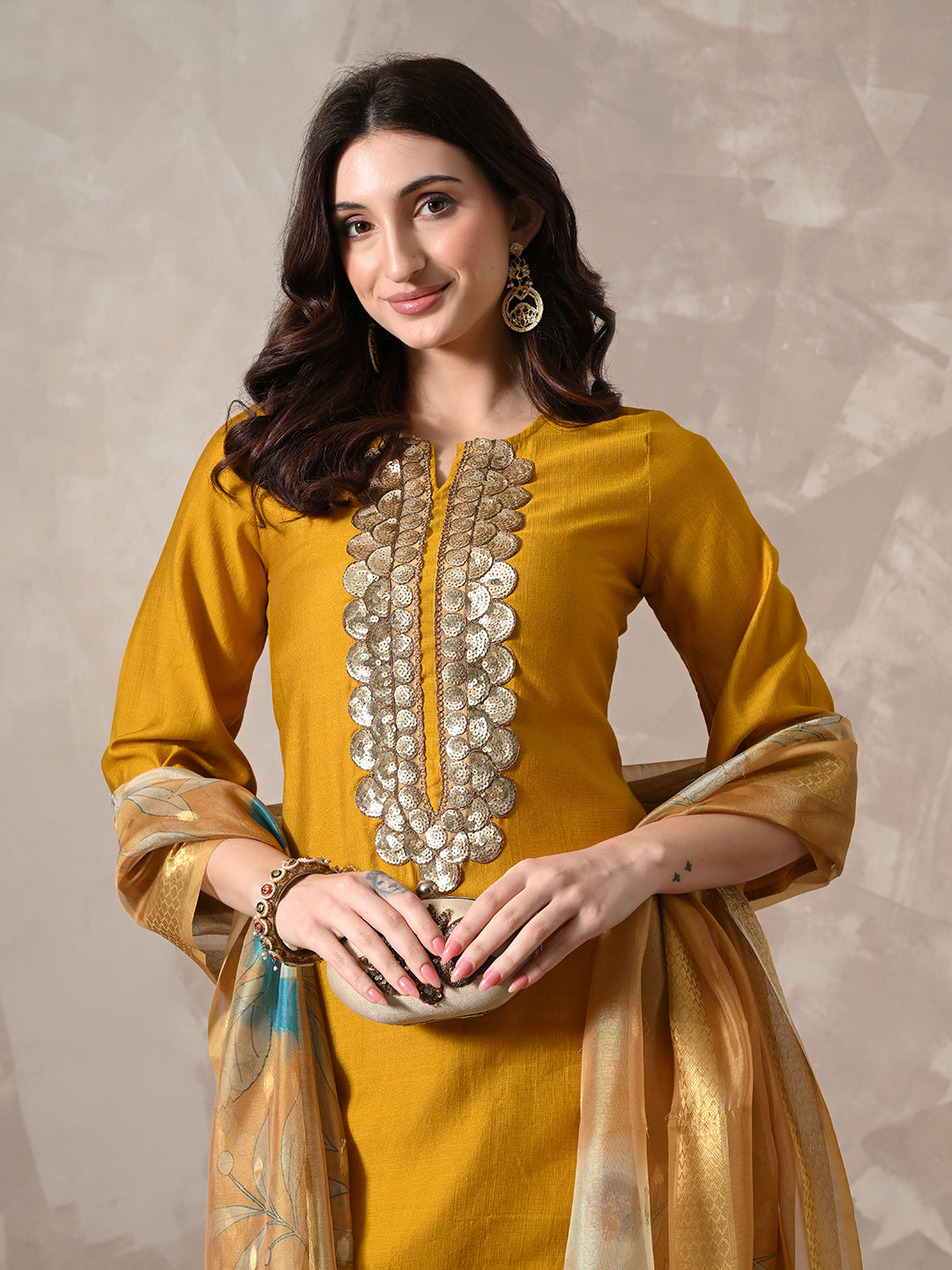 Myshka Women Mustard Floral Yoke Design Sequinned A-Line Kurta Set with Dupatta | Grocsy