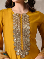 Myshka Women Mustard Floral Yoke Design Sequinned A-Line Kurta Set with Dupatta | Grocsy