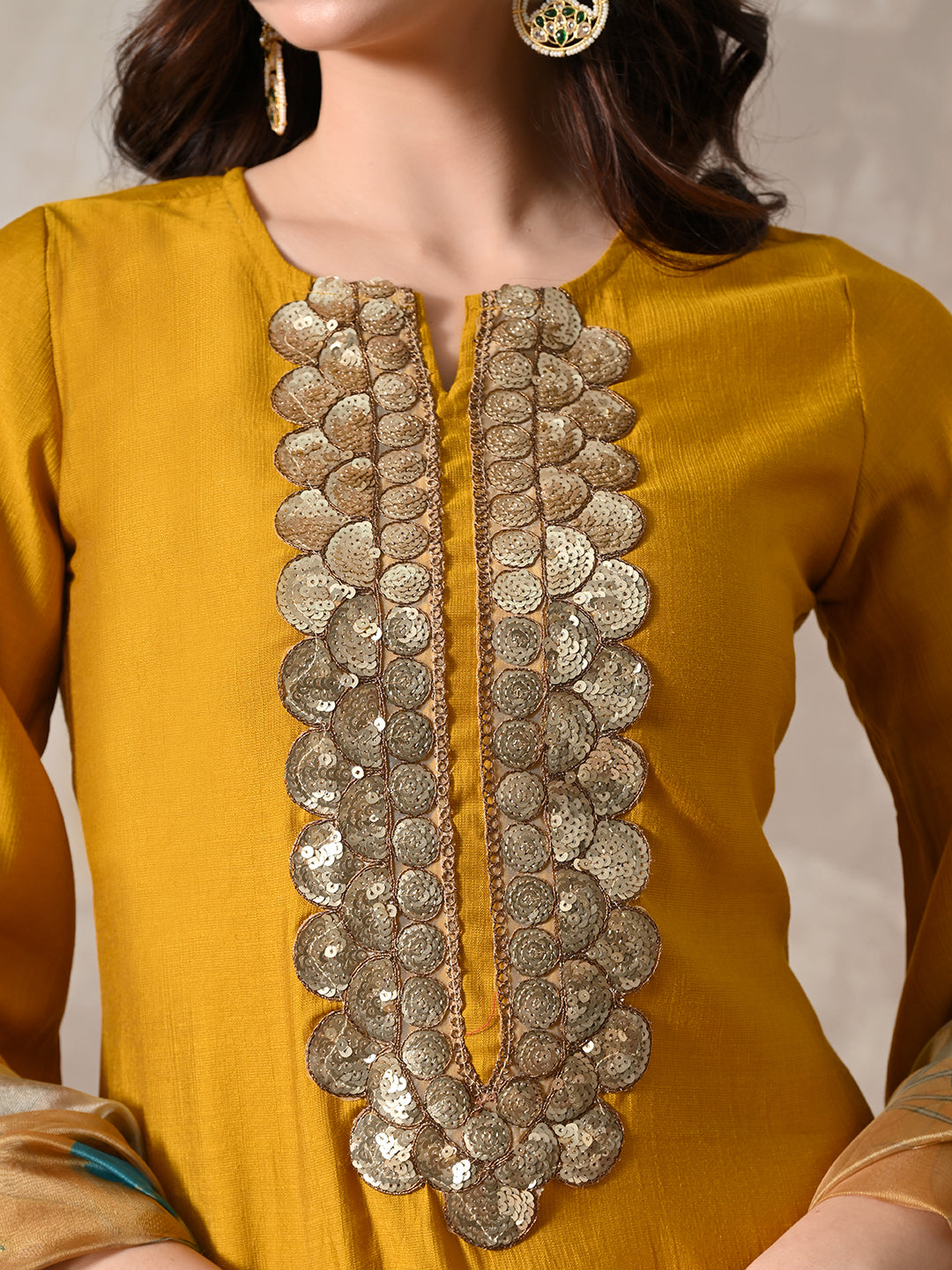 Myshka Women Mustard Floral Yoke Design Sequinned A-Line Kurta Set with Dupatta | Grocsy