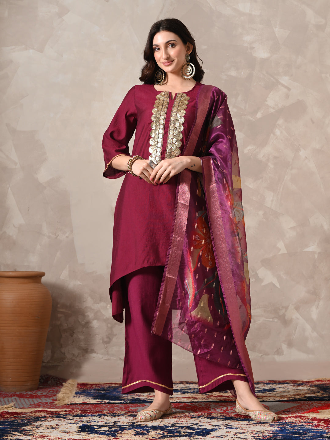 Myshka Women Magenta Floral Yoke Design Sequinned A-Line Kurta Set with Dupatta | Grocsy
