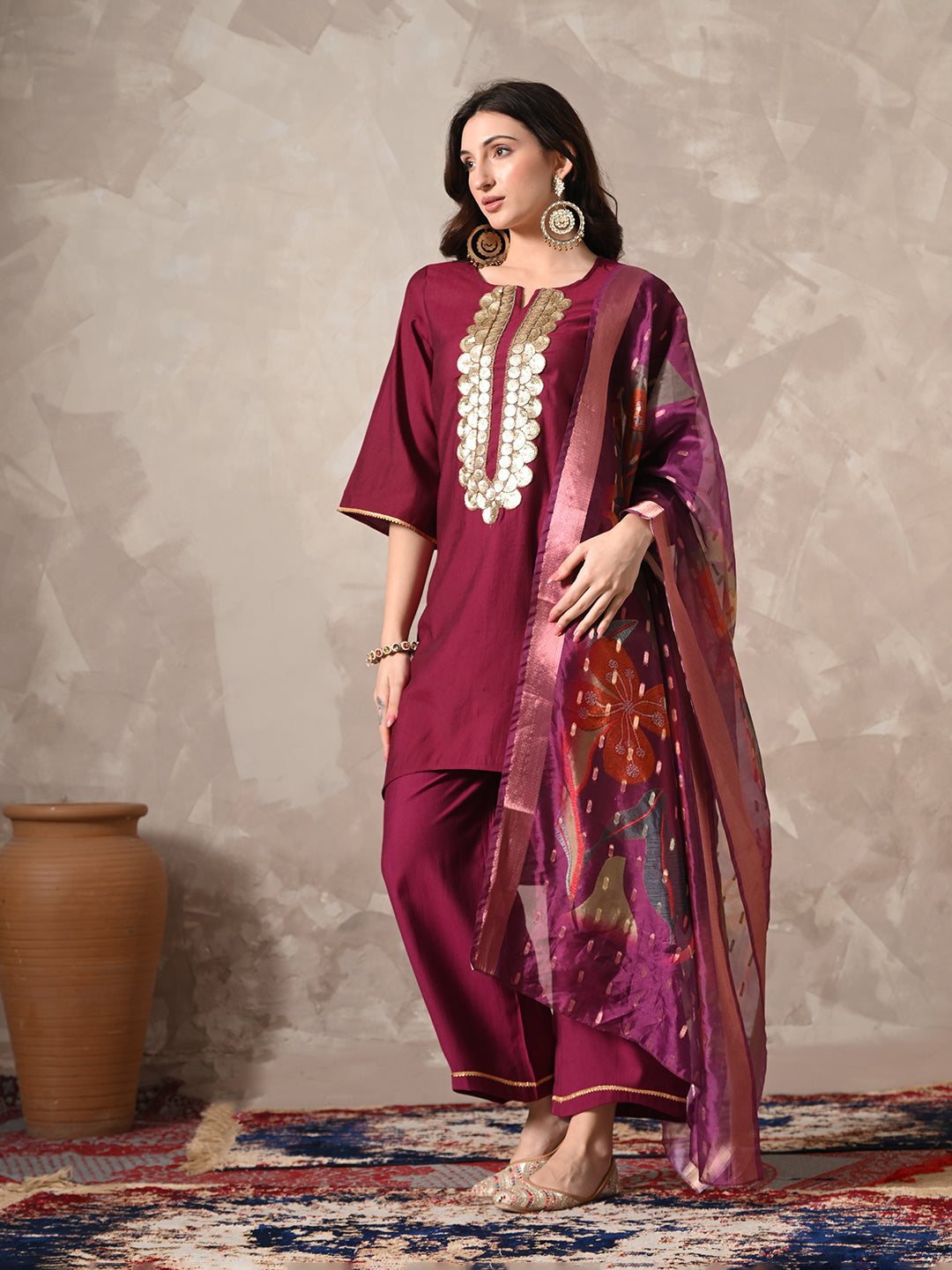 Myshka Women Magenta Floral Yoke Design Sequinned A-Line Kurta Set with Dupatta | Grocsy
