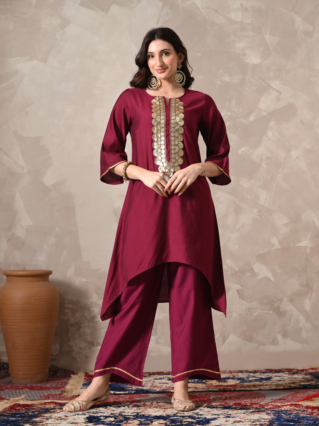 Myshka Women Magenta Floral Yoke Design Sequinned A-Line Kurta Set with Dupatta | Grocsy