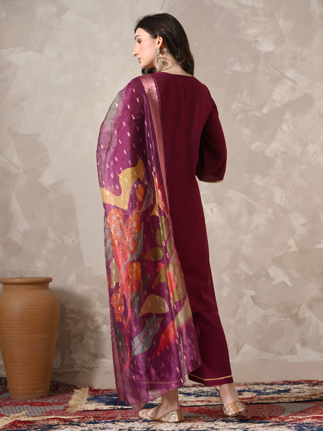 Myshka Women Magenta Floral Yoke Design Sequinned A-Line Kurta Set with Dupatta | Grocsy
