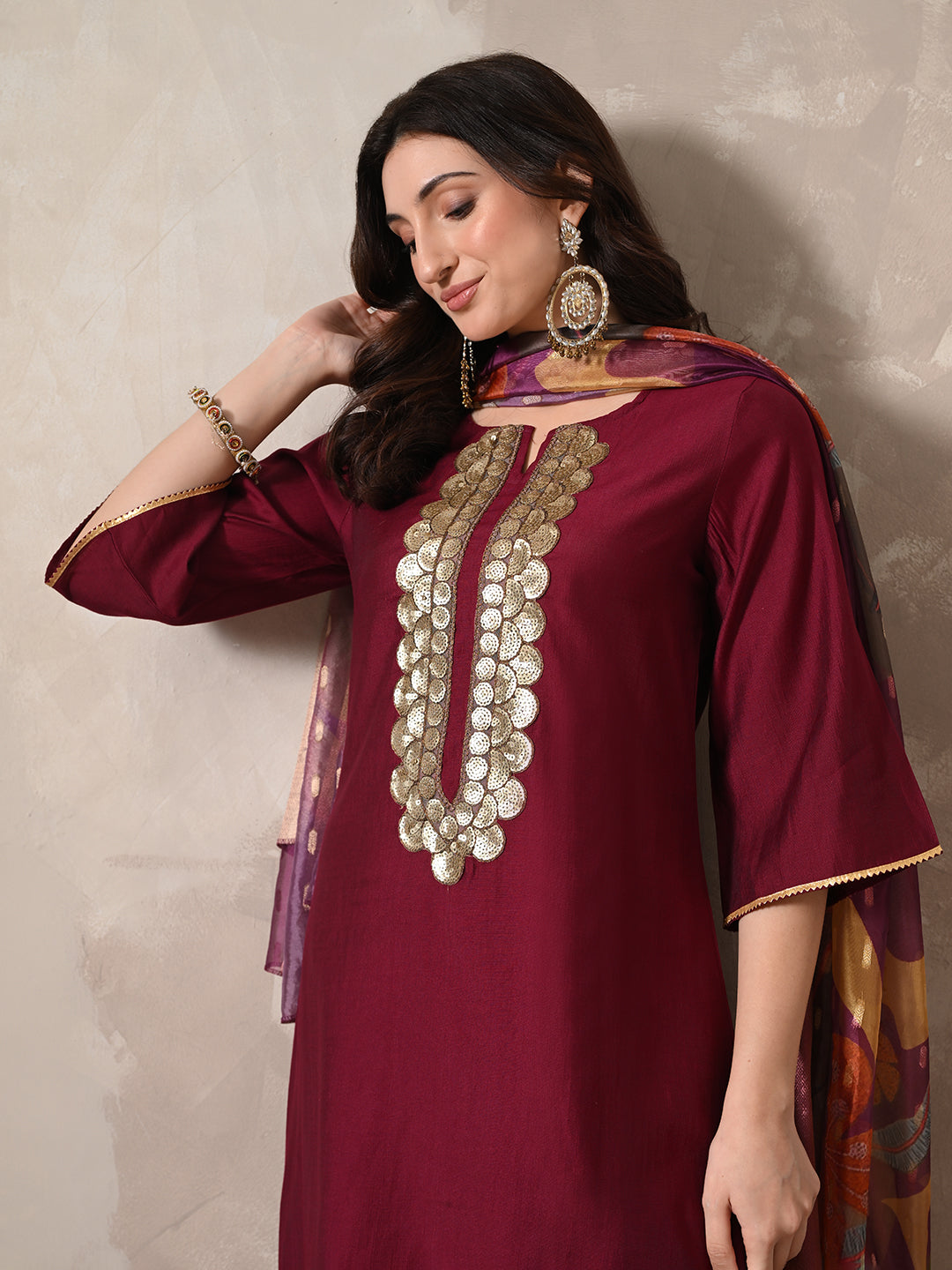 Myshka Women Magenta Floral Yoke Design Sequinned A-Line Kurta Set with Dupatta | Grocsy