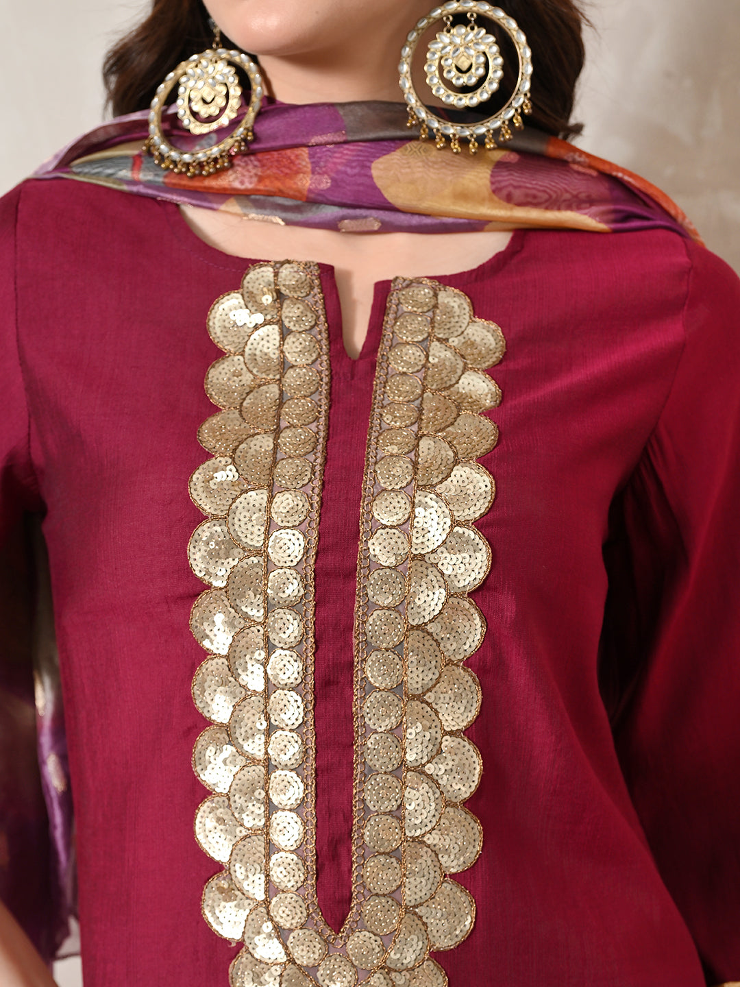 Myshka Women Magenta Floral Yoke Design Sequinned A-Line Kurta Set with Dupatta | Grocsy