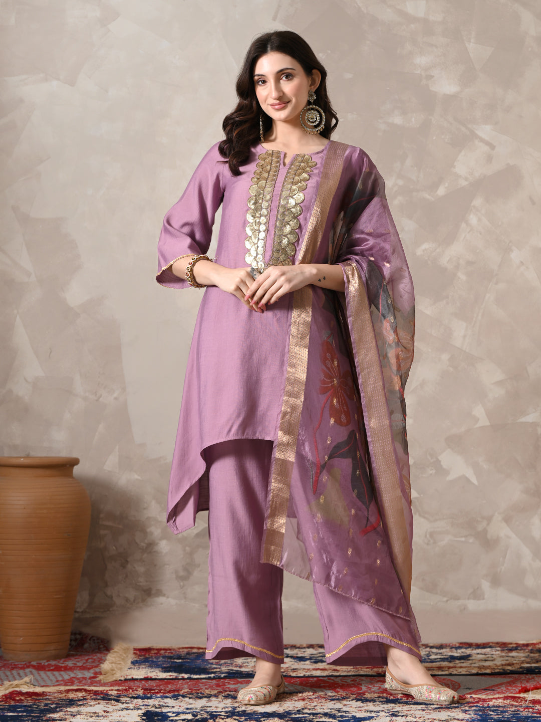 Myshka Women Lavender Floral Yoke Design Sequinned A-Line Kurta Set with Dupatta | Grocsy