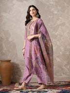 Myshka Women Lavender Floral Yoke Design Sequinned A-Line Kurta Set with Dupatta | Grocsy