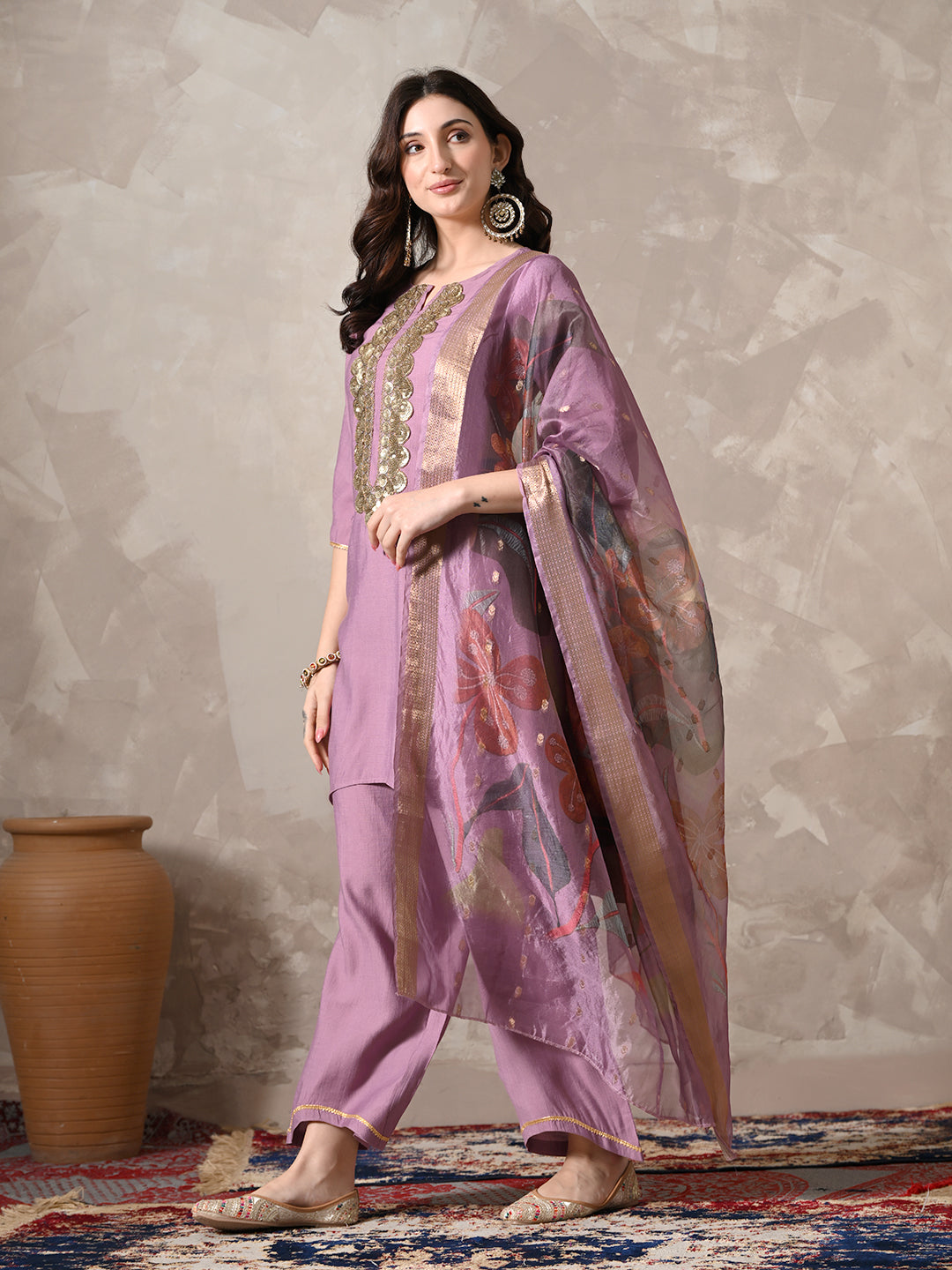 Myshka Women Lavender Floral Yoke Design Sequinned A-Line Kurta Set with Dupatta | Grocsy