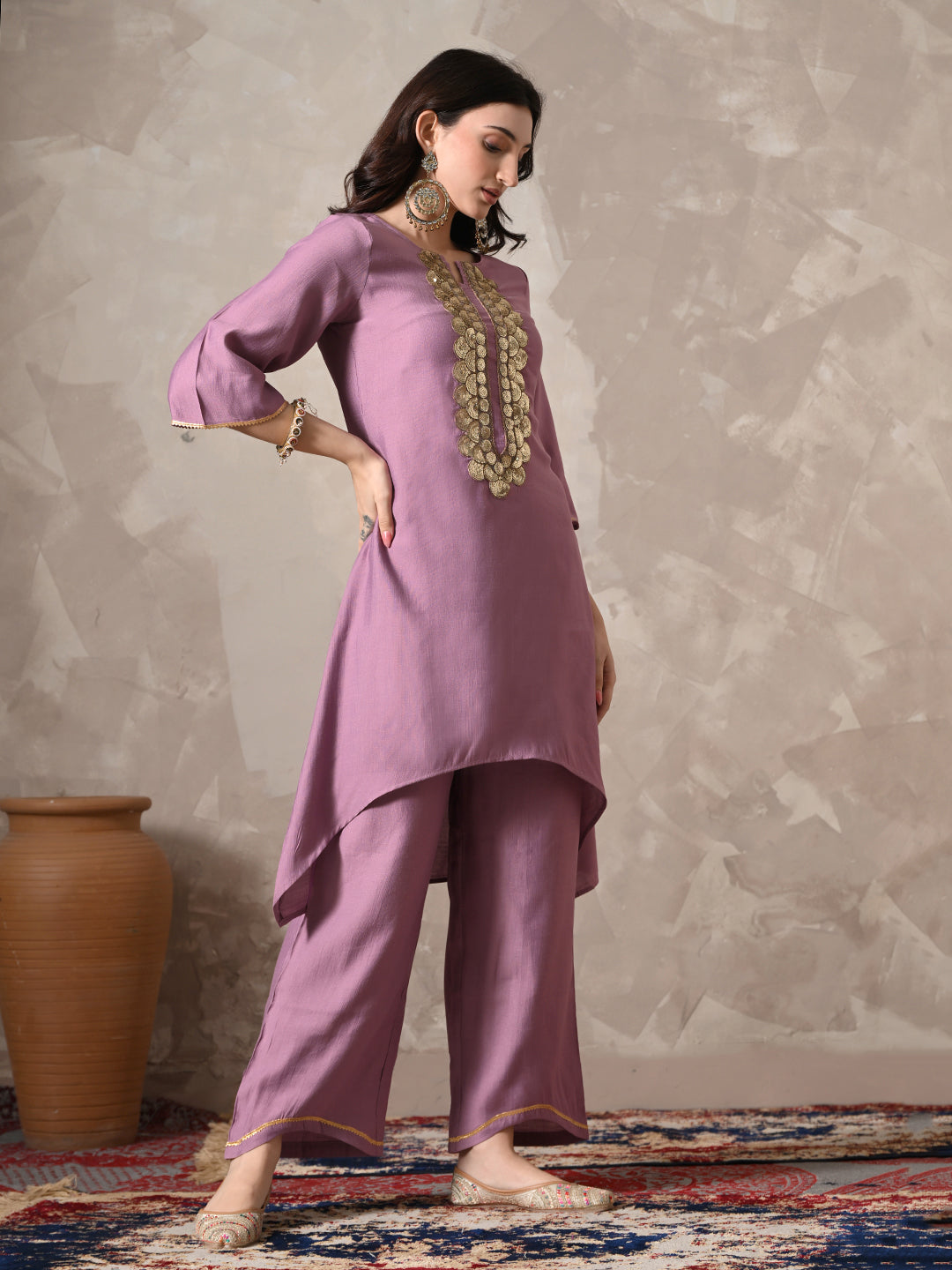 Myshka Women Lavender Floral Yoke Design Sequinned A-Line Kurta Set with Dupatta | Grocsy