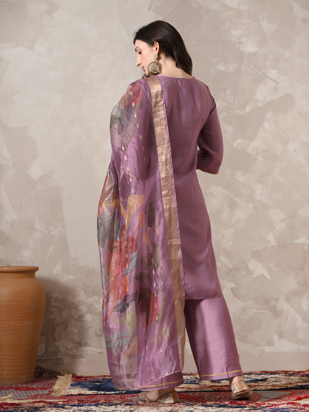 Myshka Women Lavender Floral Yoke Design Sequinned A-Line Kurta Set with Dupatta | Grocsy