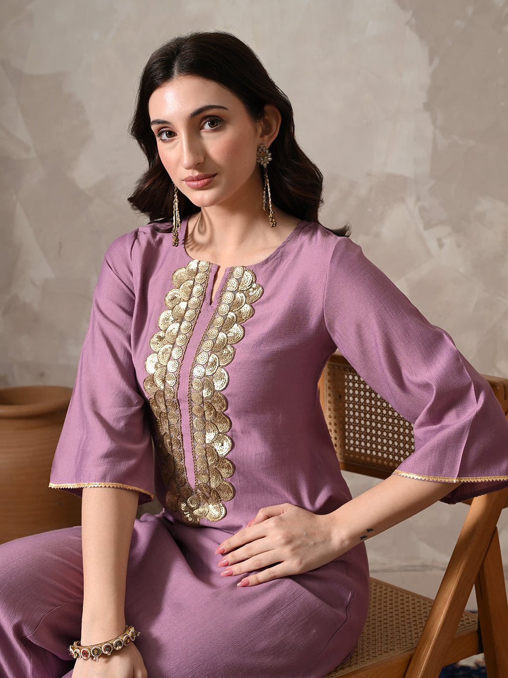 Myshka Women Lavender Floral Yoke Design Sequinned A-Line Kurta Set with Dupatta | Grocsy