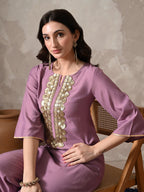 Myshka Women Lavender Floral Yoke Design Sequinned A-Line Kurta Set with Dupatta | Grocsy