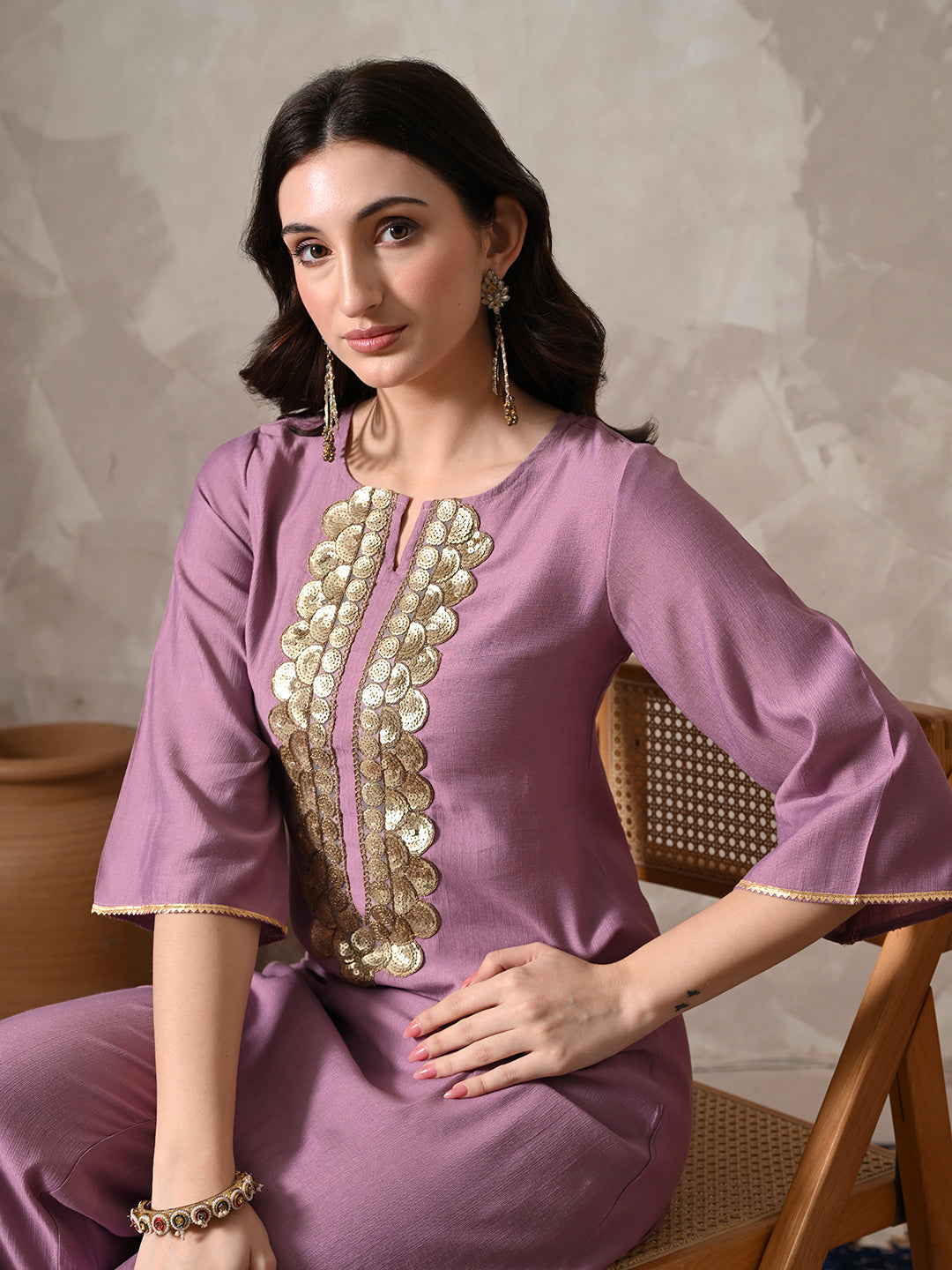 Myshka Women Lavender Floral Yoke Design Sequinned A-Line Kurta Set with Dupatta | Grocsy