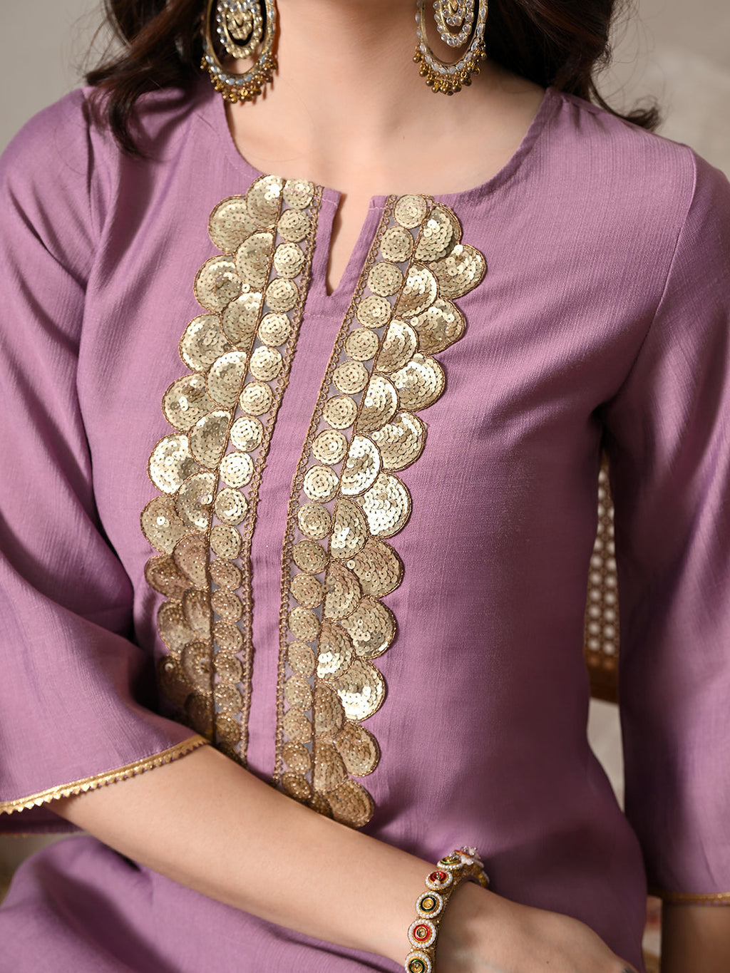 Myshka Women Lavender Floral Yoke Design Sequinned A-Line Kurta Set with Dupatta | Grocsy