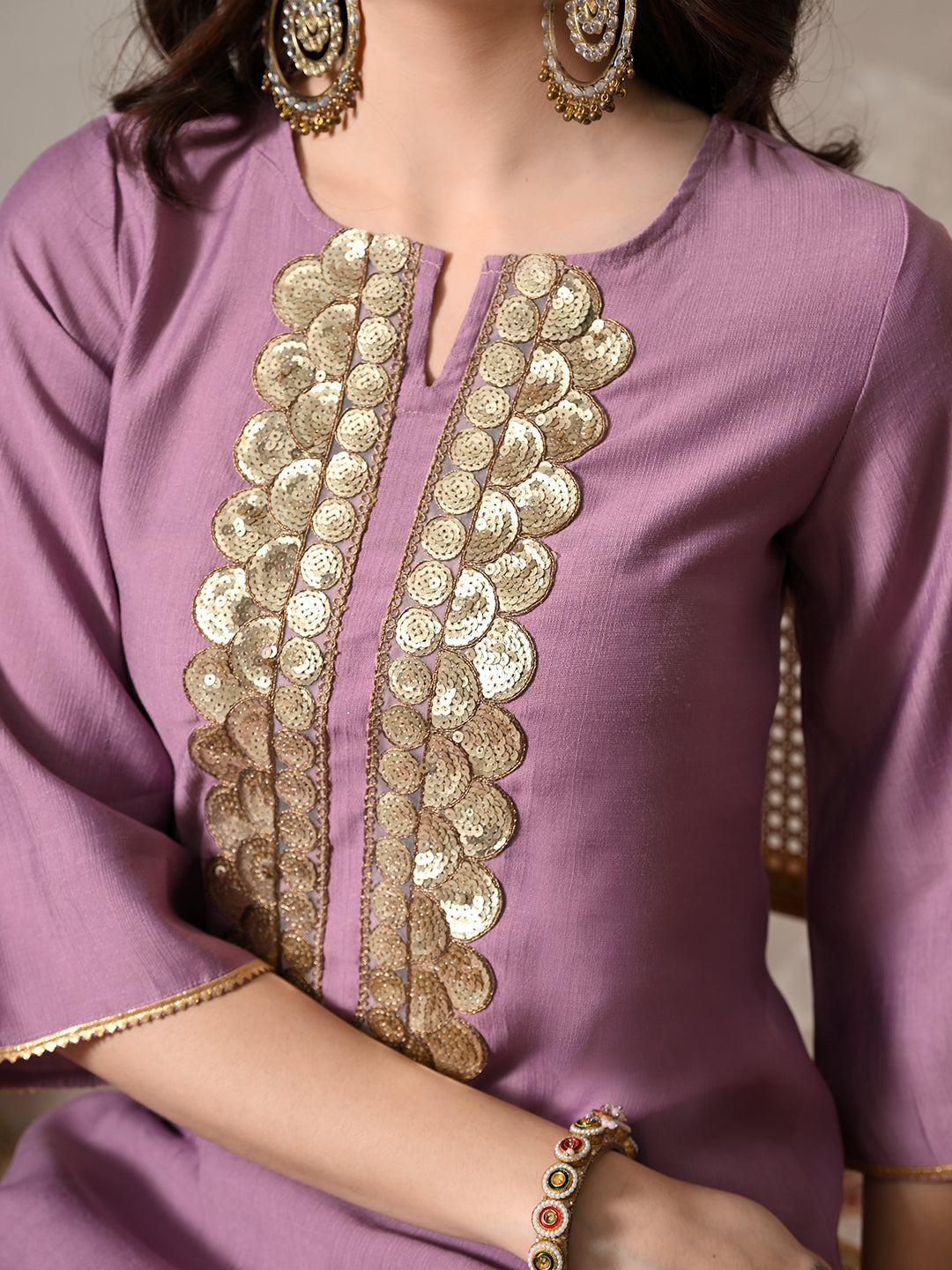 Myshka Women Lavender Floral Yoke Design Sequinned A-Line Kurta Set with Dupatta | Grocsy