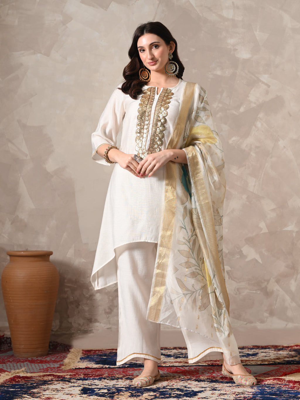 Myshka Women White Floral Yoke Design Sequinned A-Line Kurta Set with Dupatta | Grocsy