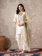 Myshka Women White Floral Yoke Design Sequinned A-Line Kurta Set with Dupatta | Grocsy