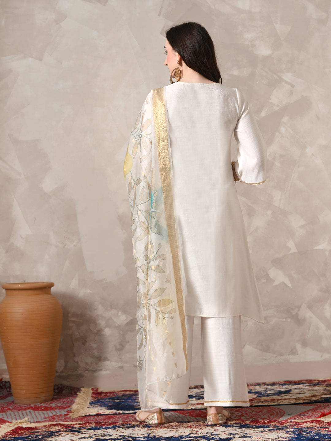 Myshka Women White Floral Yoke Design Sequinned A-Line Kurta Set with Dupatta | Grocsy