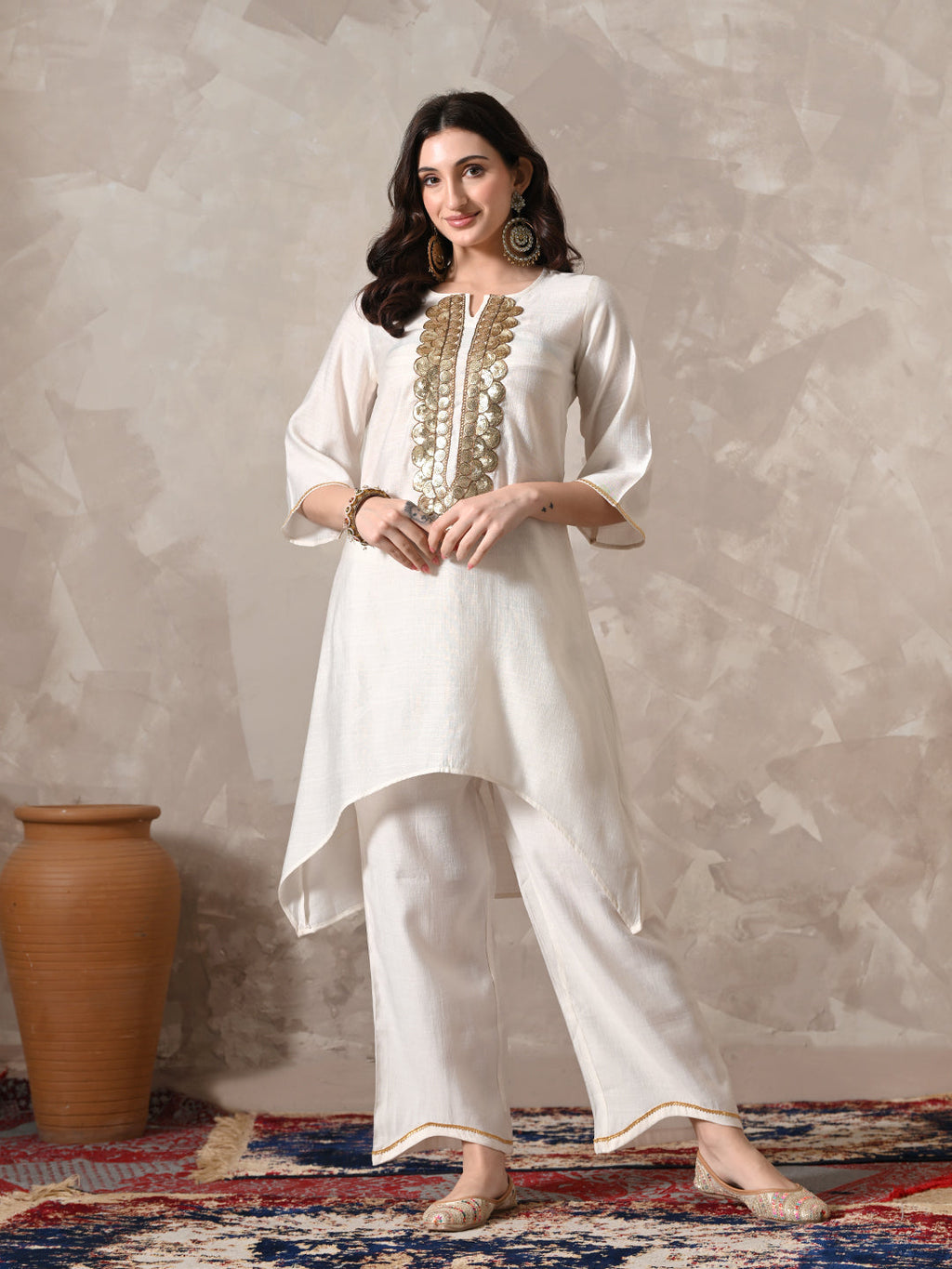 Myshka Women White Floral Yoke Design Sequinned A-Line Kurta Set with Dupatta | Grocsy